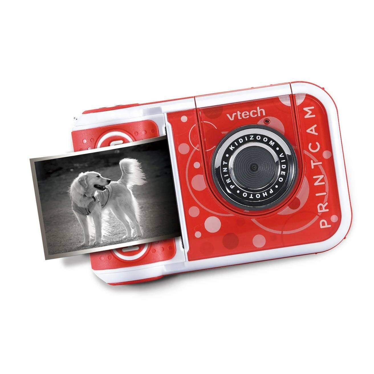 Rote und weiße Kinderkamera mit einem in Schwarz-Weiß gedruckten Foto eines Hundes, der ein Spielzeug im Maul hält.