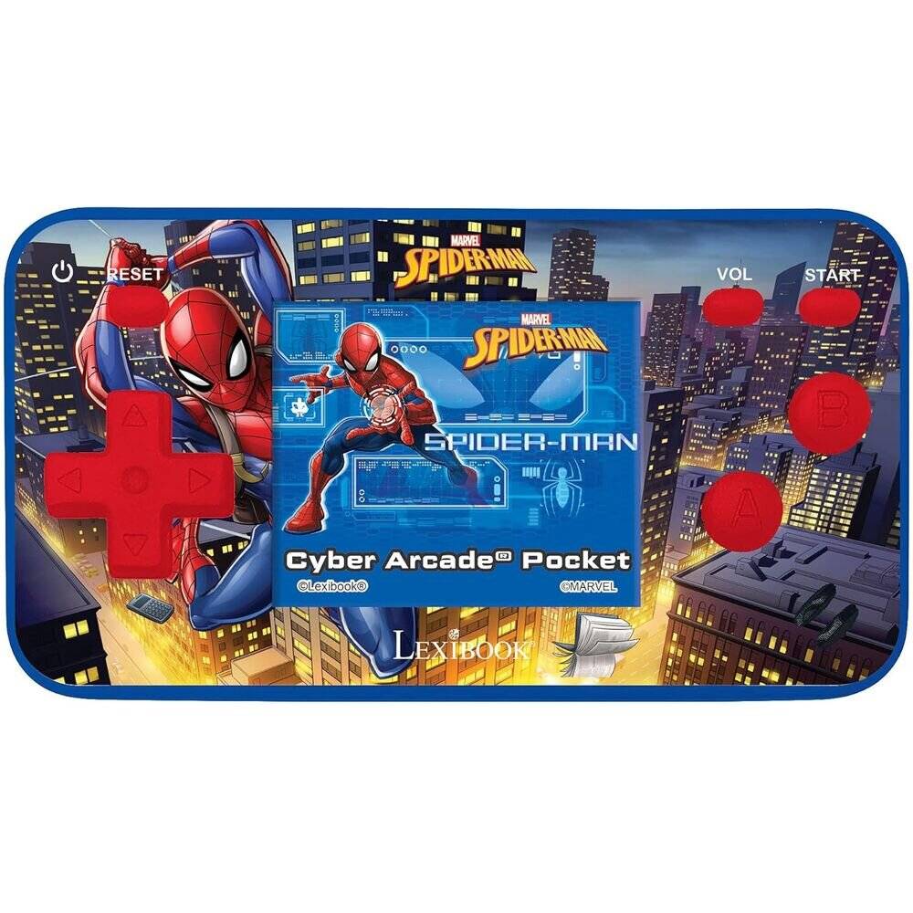 Tragbare Spielkonsole mit Spider-Man-Grafiken, roten Tasten und blauen Akzenten. Text enthält 'Spider-Man' und 'Cyber Arcade Pocket'.