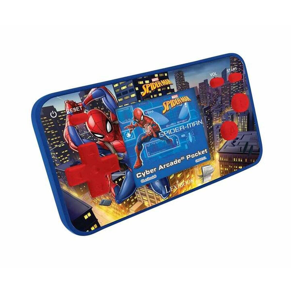 Ein blau und rot gehaltenes Handheld-Spielgerät mit einem 'Spider-Man'-Thema, das Bilder von Spider-Man, Tasten und 'Cyber Arcade Pocket' zeigt.