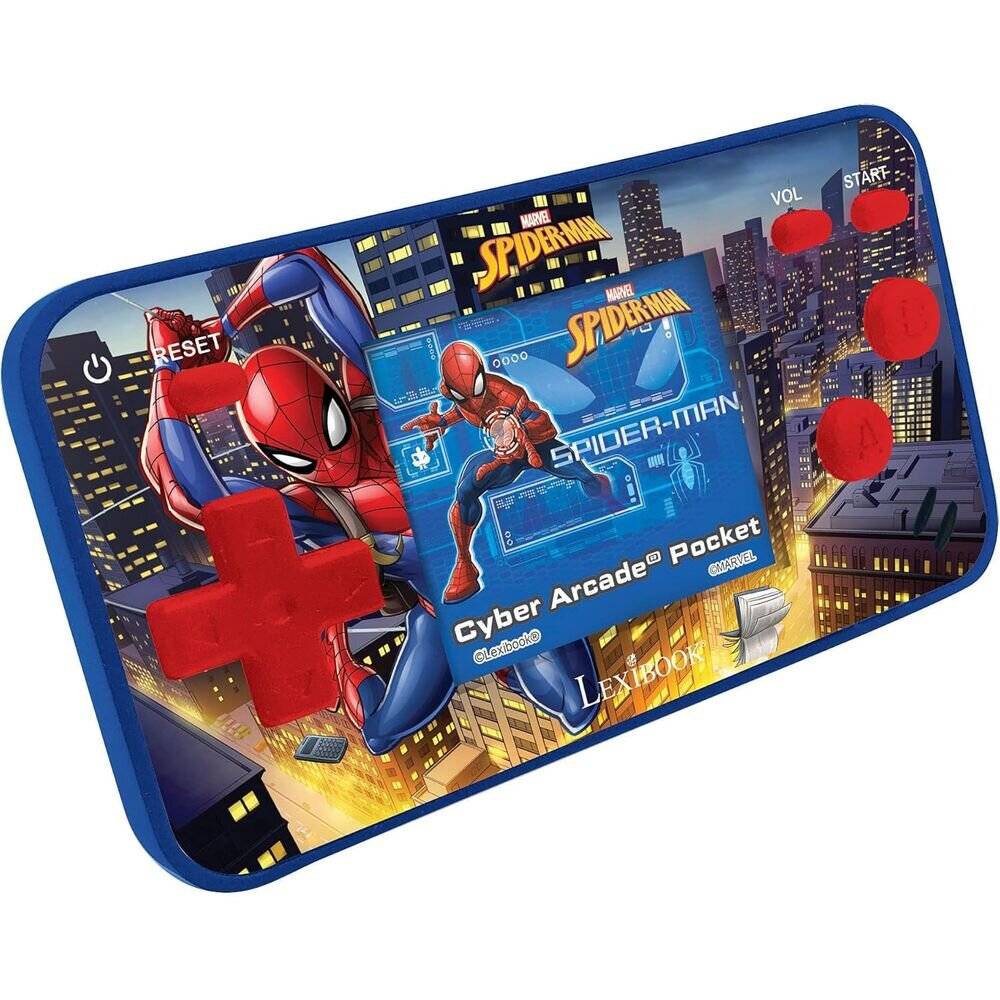 Eine tragbare Spielkonsole mit Spider-Man-Grafiken, einschließlich eines roten Joysticks und Knöpfen auf blauem Hintergrund.