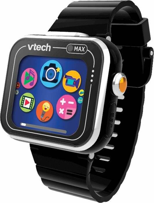 Eine schwarze Kindersmartwatch mit bunten App-Symbolen auf dem Bildschirm, darunter Musik-, Kamera- und Mathematik-Icons. Markenname 'vtech' wird angezeigt.