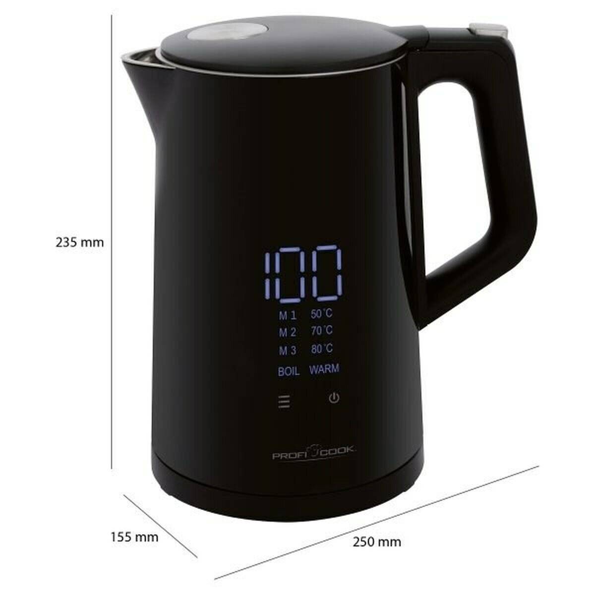 Ein schwarzer elektrischer Wasserkocher mit digitaler Anzeige, die Temperatureinstellungen (50°C, 70°C, 80°C) zeigt, Abmessungen beschriftet: 235 mm hoch, 155 mm breit, 250 mm tief.