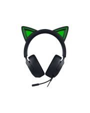 Schwarzes Gaming-Headset mit grünen Katzenohren und einem abnehmbaren Mikrofon auf weißem Hintergrund