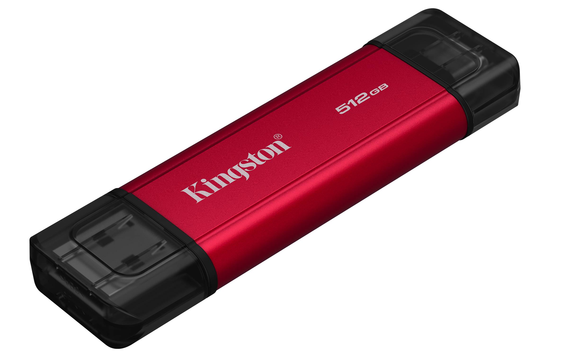 Rotes Kingston 512GB USB-Flash-Laufwerk mit schwarzen Schutzkappen an beiden Enden.