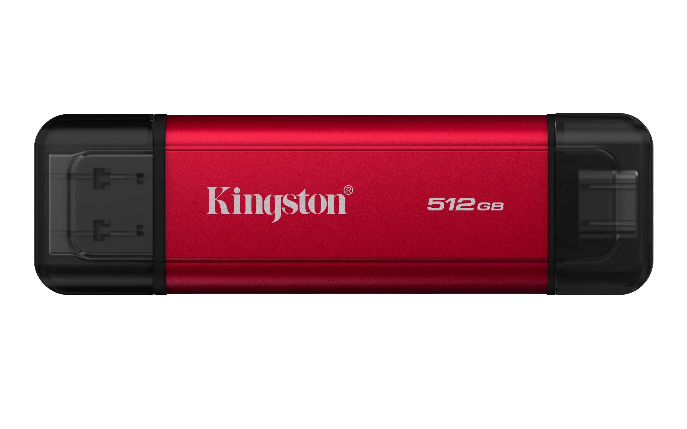 Roter Kingston 512GB USB-Speicherstick mit schwarzen Endkappen, auf weißem Hintergrund abgebildet.