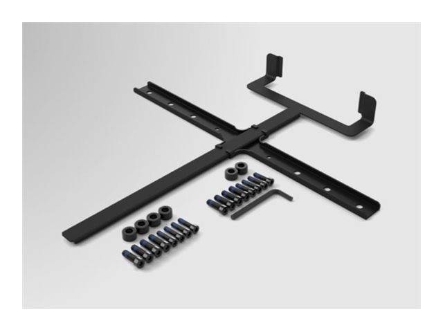 Schwarzes Metall-Montageklammerkit mit zwei Klammen, Schrauben, Unterlegscheiben und Inbusschlüssel auf weißem Hintergrund
