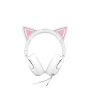 Weißes Over-Ear Gaming-Headset mit rosa Katzenohren und einem Boom-Mikrofon auf weißem Hintergrund.