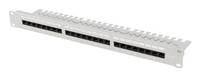 Weiße montierbare Ethernet-Patchplatte mit mehreren nummerierten RJ45-Anschlüssen zur Organisation von Netzwerkkabeln.
