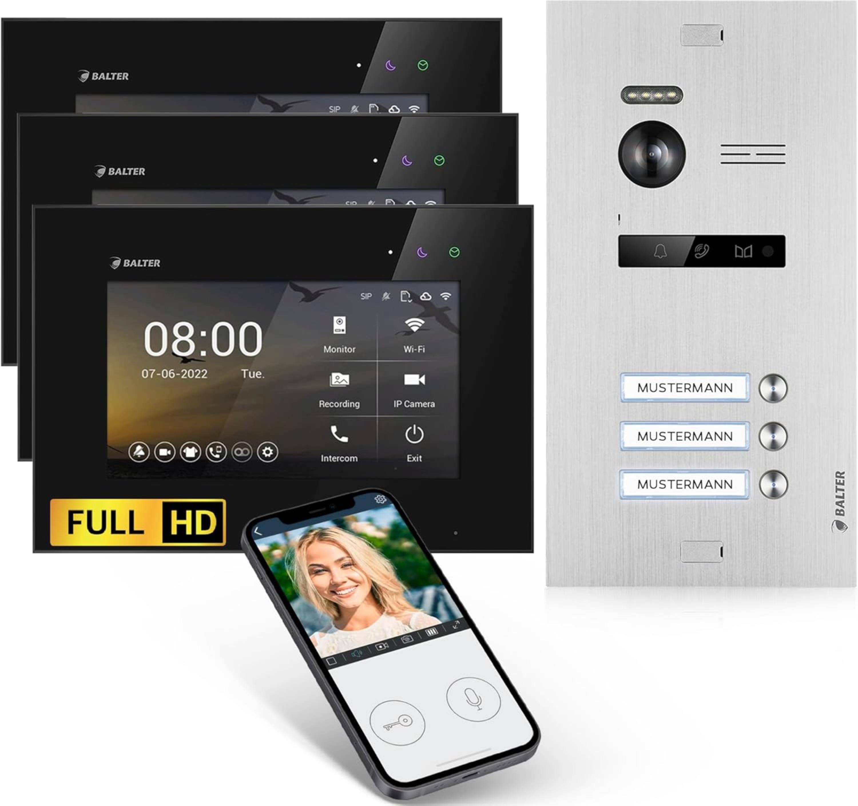 HD Video Türsprechanlage mit Smartphone App für 3 Familienhaus, 3x Monitor, Balter EVO HD Silber Schwarz