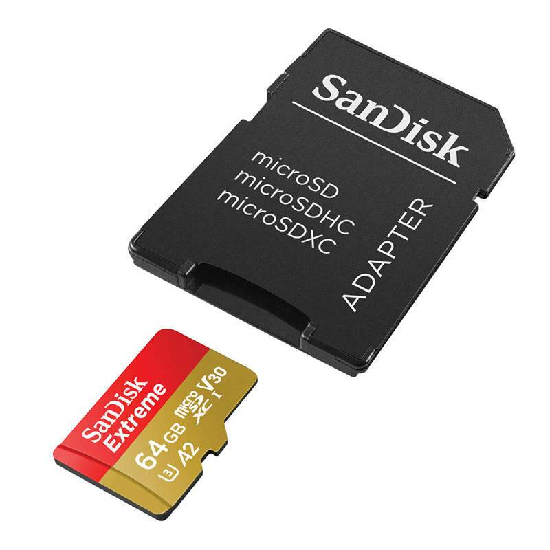 SanDisk 64 GB Extreme microSD-Karte und Adapter.