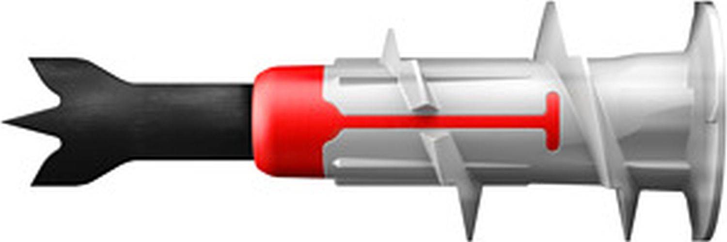 Eine rote und graue Rakete auf weißem Hintergrund mit Stabilisierungsflossen und einer spitz zulaufenden Nase. Das Design ist stilisiert und vereinfacht.