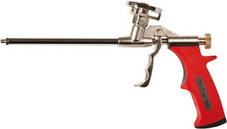 Nahaufnahme einer Kartuschenpistole, die den Griff und die Düse zeigt, die zum Abdichten von Fugen oder zum Füllen von Lücken in Baumaterialien verwendet wird.