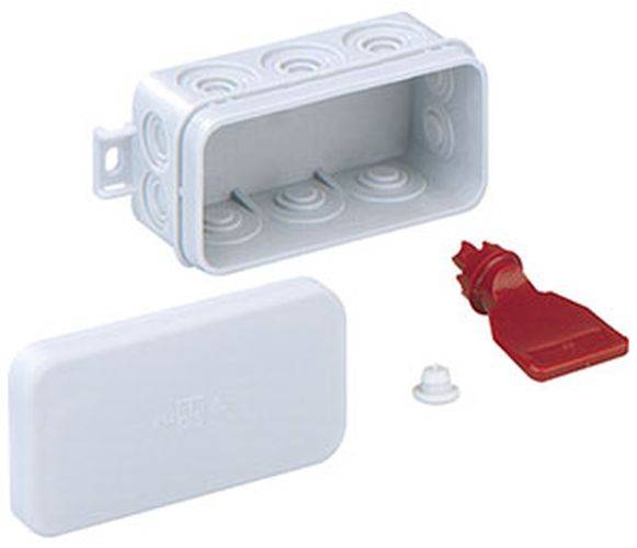 Elektrische Abzweigdose aus Kunststoff mit abnehmbarem Deckel und rotem Verschließmechanismus. Geeignet für die Unterbringung von Elektroinstallationen oder elektronischen Komponenten.