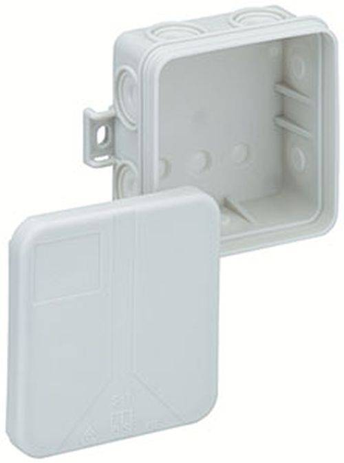 Eine offene graue Kunststoff-Verteilerdose mit einem Klappdeckel, ausgestattet mit mehreren runden Ausbrechöffnungen, die für elektrische Anschlüsse verwendet wird.