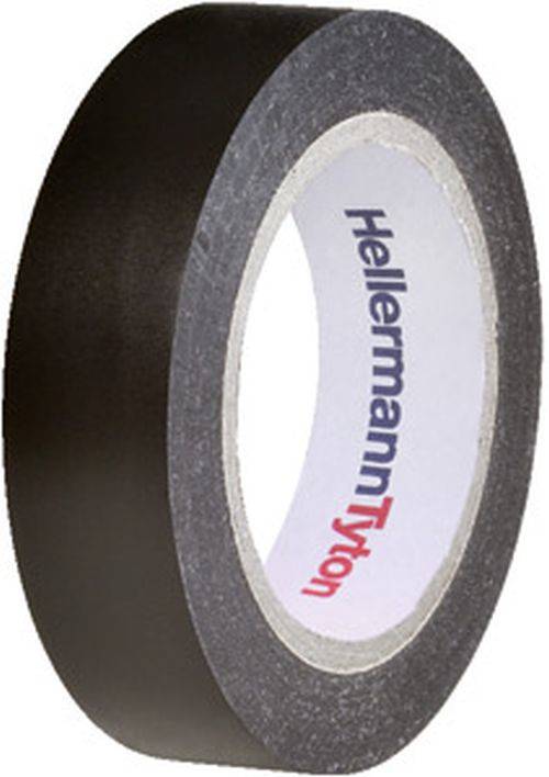 Eine Rolle schwarzen Isolierband mit 'HellermannTyton' in Rot und Schwarz auf dem inneren Kartonring gedruckt.