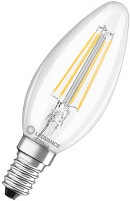 Eine Nahaufnahme einer durchsichtigen LED-Glühbirne mit sichtbaren Filamenten im Inneren, mit der Beschriftung 