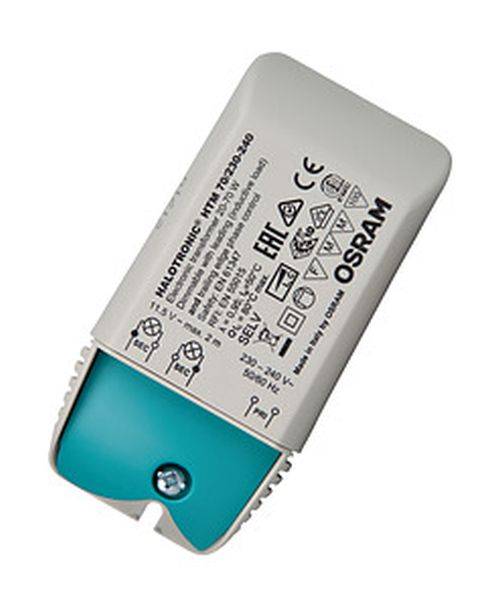 Ein Osram Halotronic elektronischer Transformator mit verschiedenen Zertifizierungssymbolen und Spezifikationen, einschließlich des Modells 'HTM 70/230-240' und der Eingangsspannung '220-240V'.