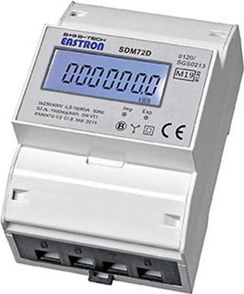 Digitaler Stromzähler mit der Anzeige '00000000' auf seinem Display. Modell SDM72D von Eastron, mit verschiedenen Zertifizierungssymbolen sichtbar.