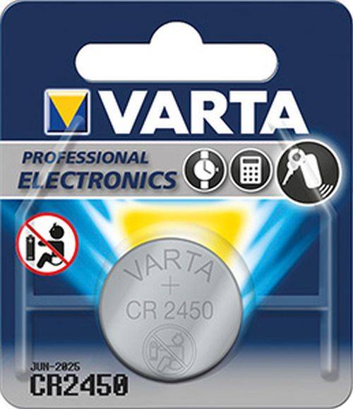 VARTA Professional Electronics Verpackung für CR 2450 Knopfzellenbatterie, mit Symbolen für die Verwendung in Uhren, Taschenrechnern und Fernbedienungen.