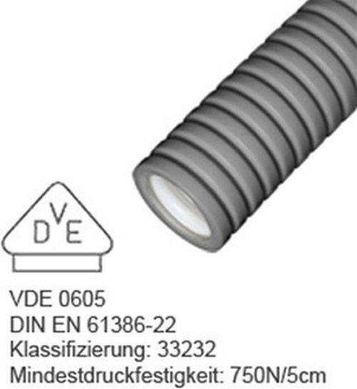 Detailaufnahme eines flexiblen Rohrs mit dem Text 'VDE 0605 DIN EN 61386-22 Klassifizierung: 33232 Mindestrohrfestigkeit: 750N/5cm' und dem VDE-Logo.
