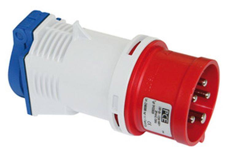 Industrieller Stromstecker, weiß und rot, mit zwei blauen Hebeln und einem Etikett mit Spezifikationen. Verwendet für Anschlüsse an schwere Maschinen.