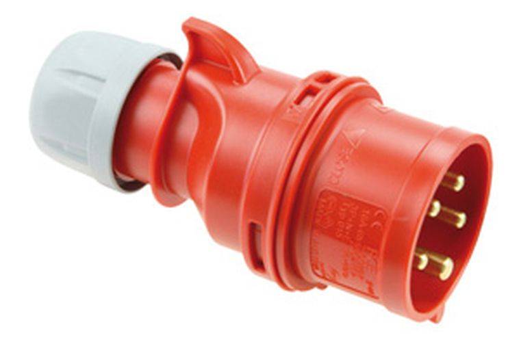 Roter industrieller Stromstecker mit Dreipol-Konfiguration.