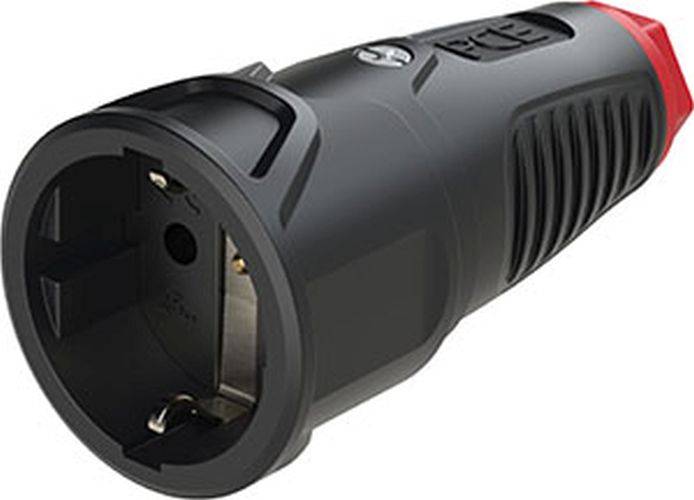 Schwarzer zylindrischer Netzstecker mit geripptem Griff und metallischen Kontakten, konzipiert für elektrische Verbindungen.