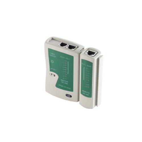 Netzwerkkabeltester mit zwei RJ45-Anschlüssen und LED-Anzeigen für Leitungsstatus.