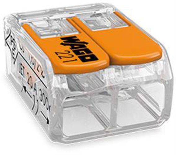 Ein transparenter und orangefarbener elektrischer Verbinder mit der Beschriftung 