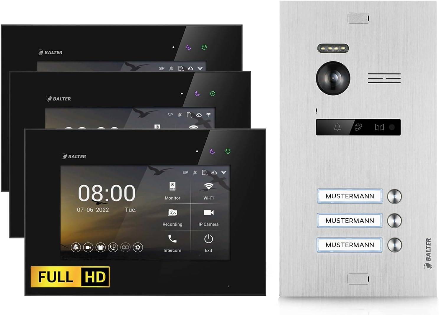 HD Video Türsprechanlage für 3 Familienhaus, 3x Monitor, Balter EVO HD Silber/Schwarz