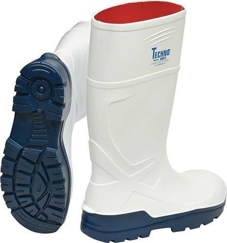 Ein weißer Sicherheitsschuh mit blauer Sohle, oben mit 'Techno' beschriftet, konstruiert für industriellen Schutz mit einer strapazierfähigen, rutschfesten Sohle.