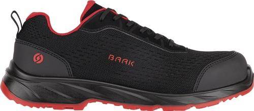 Ein schwarzer Sportschuh mit roten Akzenten, auf dessen Seite der Markenname 'Bark' zu sehen ist. Die Sohle ist ebenfalls rot und sorgt für einen auffälligen Kontrast.