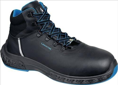 Ein schwarzer und blauer Sicherheitsschuh mit robusten Schnürsenkeln und einer verstärkten Sohle, entwickelt für industrielle oder Outdoor-Einsätze.