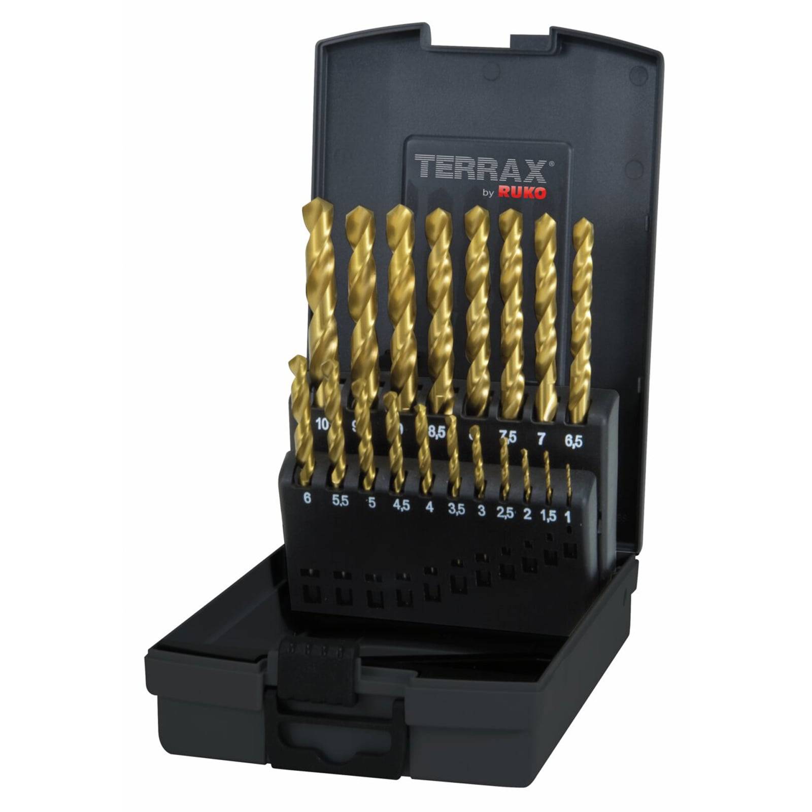 Eine Schachtel mit goldenen Bohrern in verschiedenen Größen, von 1 bis 10 Millimetern, in aufsteigender Reihenfolge mit Maßstrichmarkierungen angeordnet.