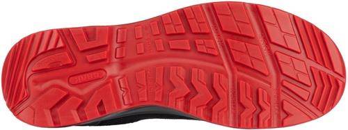 Roter Gummisohle eines Schuhs mit strukturiertem Profilmuster für guten Halt.
