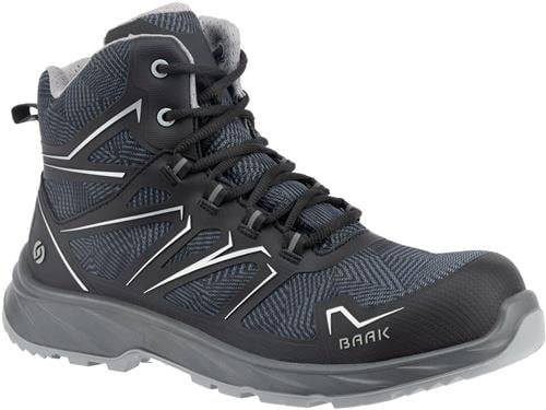 Grauer Wanderschuh mit schwarzen und weißen Akzenten, ausgestattet mit einer robusten Sohle und hoher Knöchelunterstützung, entwickelt für Outdoor-Aktivitäten.