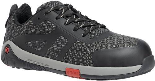 Ein schwarzer und grauer Sportschuh mit strukturierter Oberfläche, weißen Schnürsenkeln und einem kontrastierenden roten Akzent an der Sohle, der für Komfort und lässige Freizeitnutzung konzipiert ist.