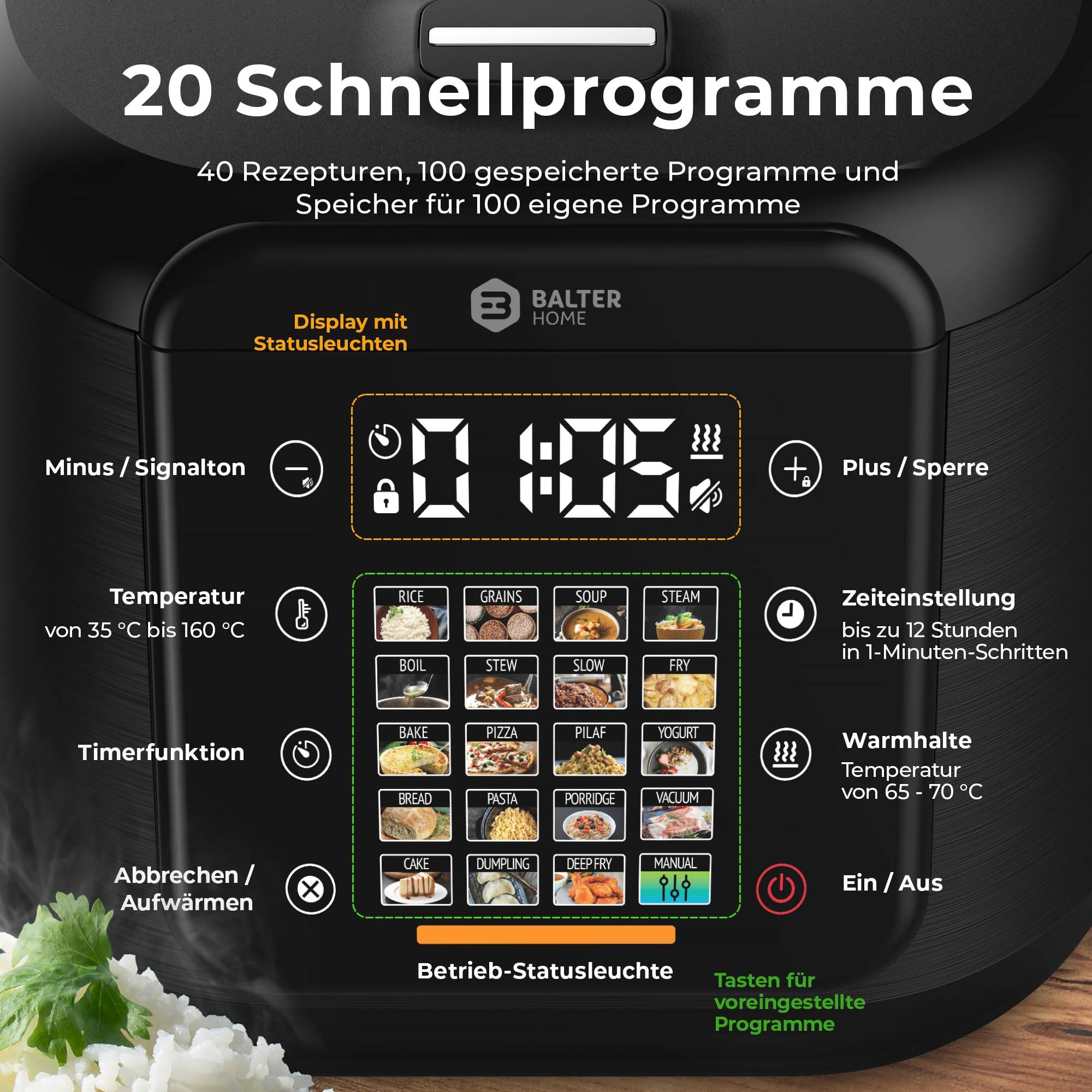 Balter Multikocher MK-02 Reiskocher mit 20 Programme, 4L Rice Cooker, Fuzzy-Logic, Dampfgarer