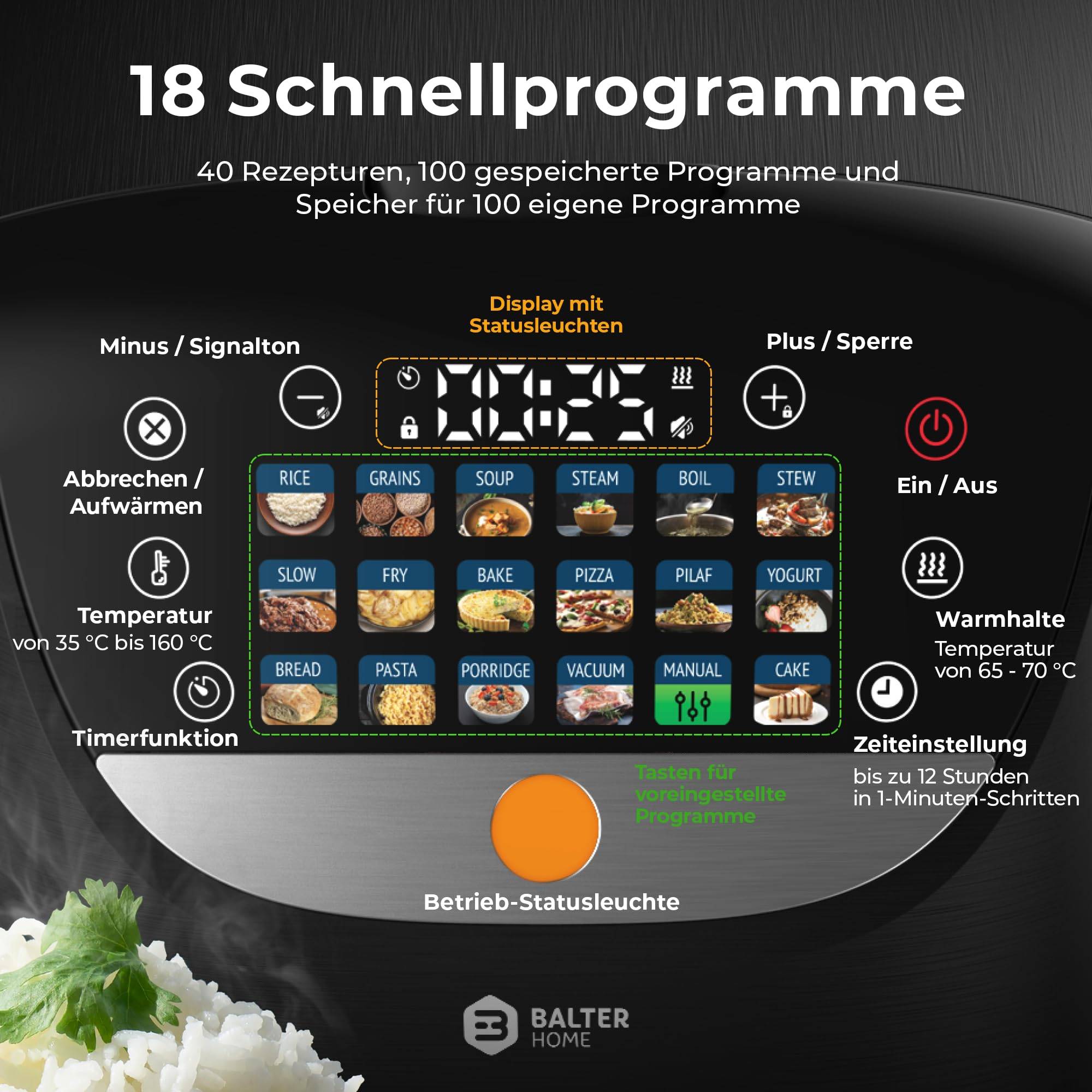 Balter MK-01 Reiskocher Multikocher mit 18 Programme, 4L Rice Cooker mit Fuzzy-Logic, Dampfgarer