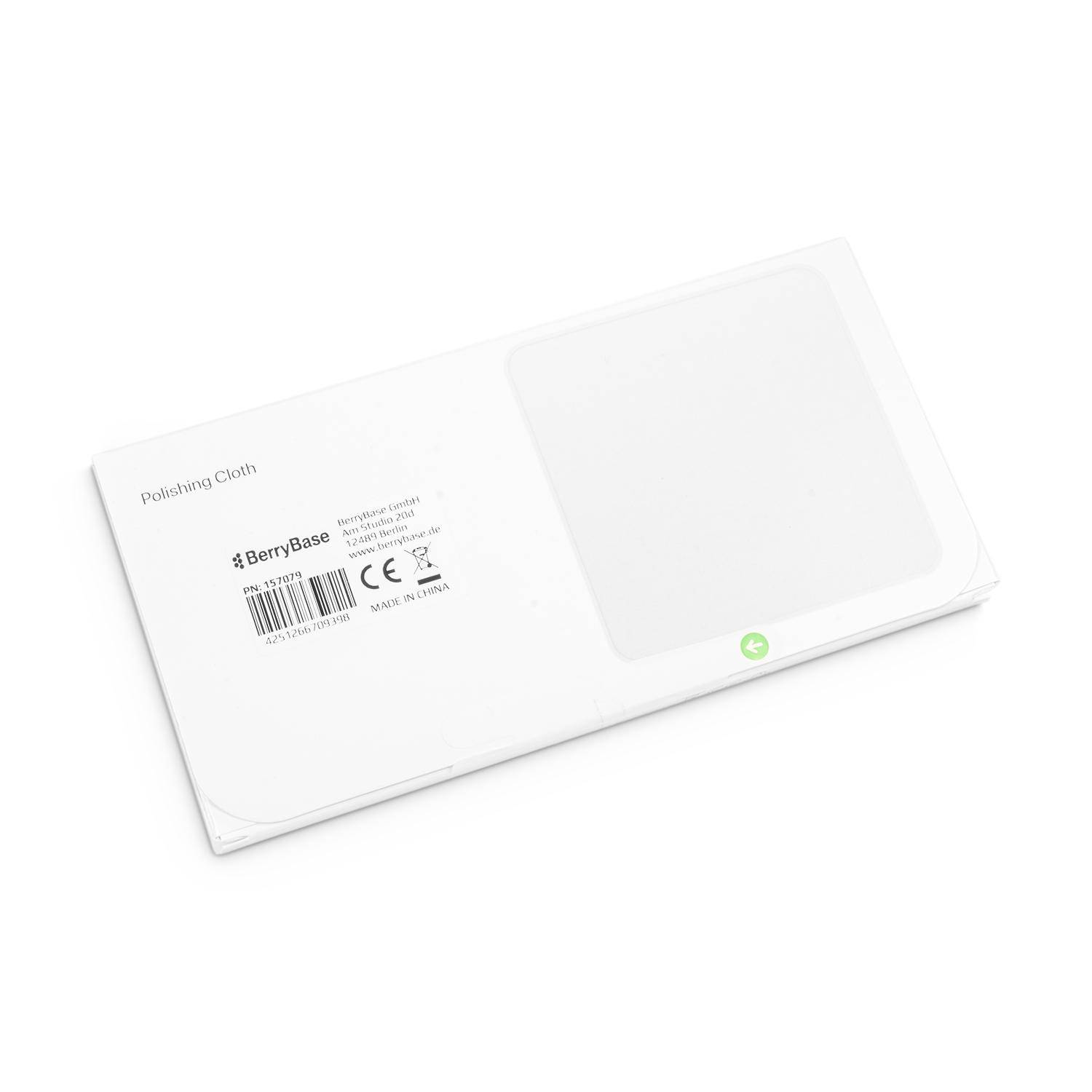Das Bild zeigt die Rückseite einer weißen Verpackung eines Berrybase-Poliertuchs mit Produktdetails, einem Barcode und Zertifizierungssymbolen.