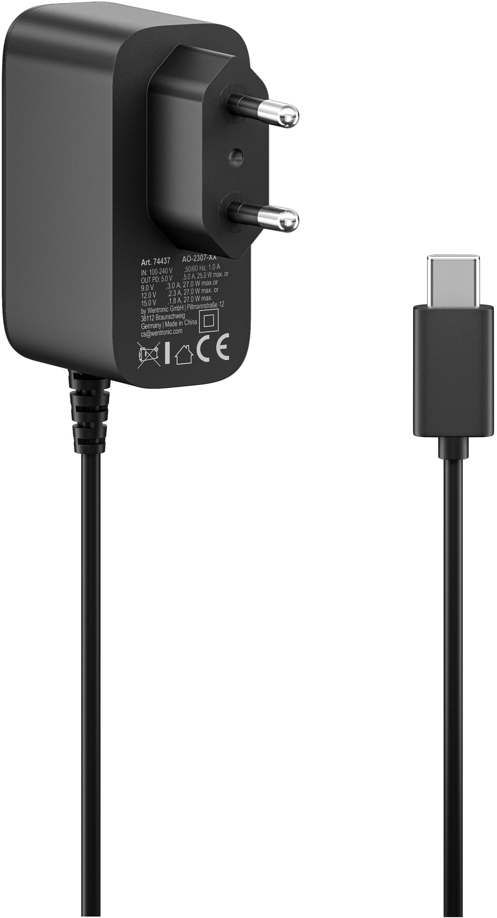 Ein schwarzer USB-C Wandladegerät mit Steckdosensteckern auf der linken Seite und einem abnehmbaren USB-C-Kabel auf der rechten Seite, geeignet für europäische Steckdosen.