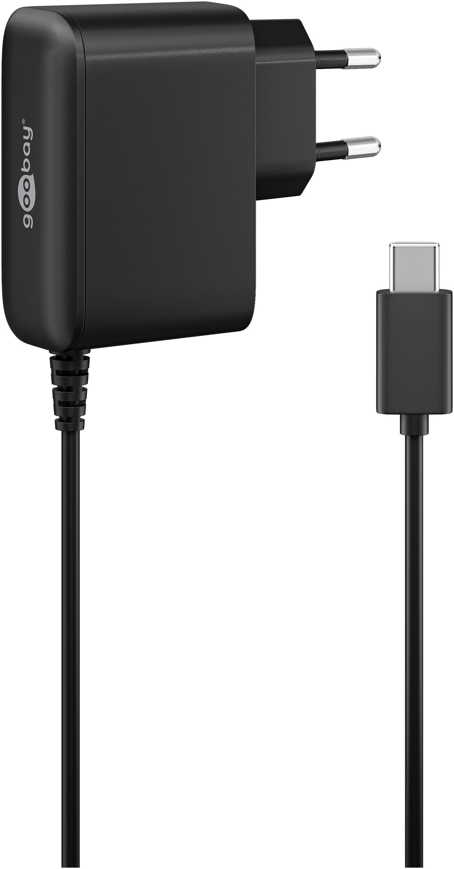 Ein schwarzes USB-C-Telefon-Ladegerät mit einem abnehmbaren USB-C-Kabel, in Nahaufnahme dargestellt.