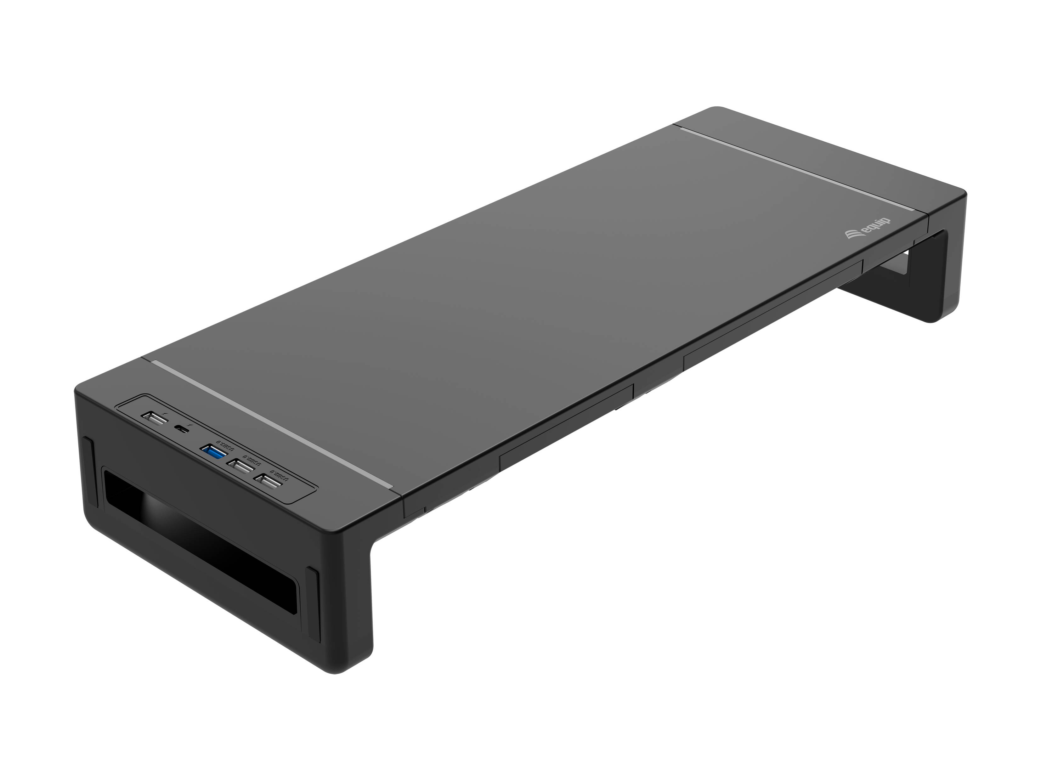 Ein schwarzer Monitorständer mit USB-Anschlüssen, der Arbeitsplatzfläche verbessert und Ergonomie optimiert.