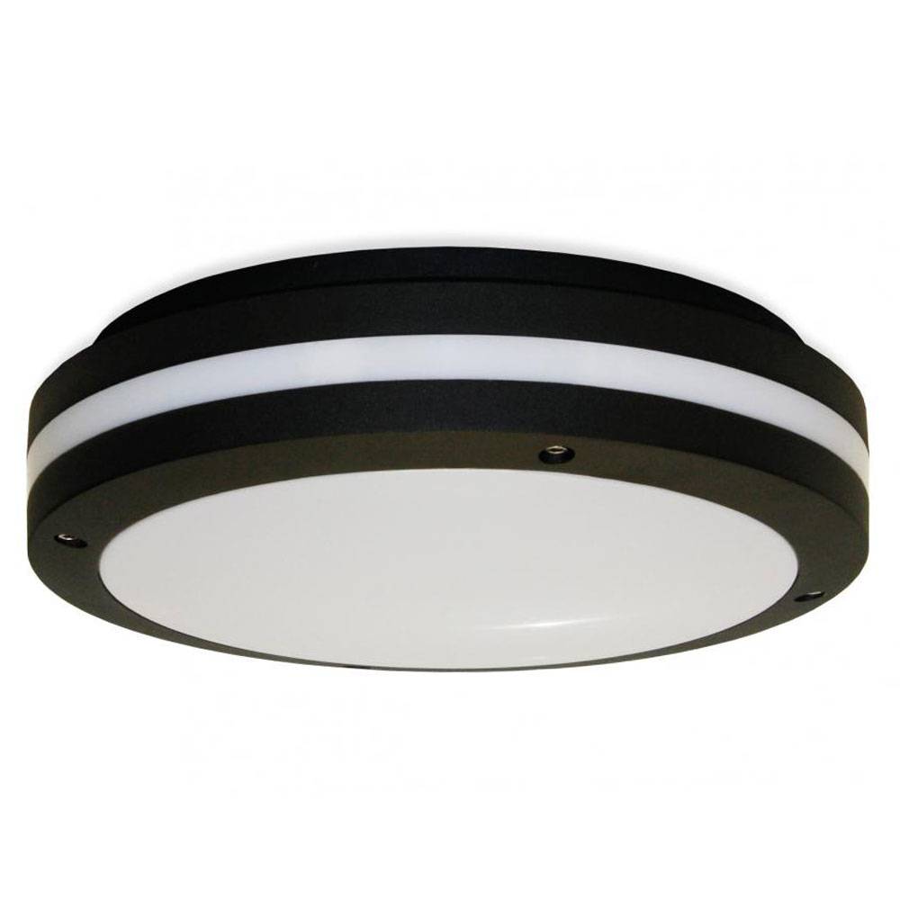Eine kreisförmige, moderne Leuchte mit schwarz-weißem Design, die eine glatte, minimalistische Ästhetik aufweist.