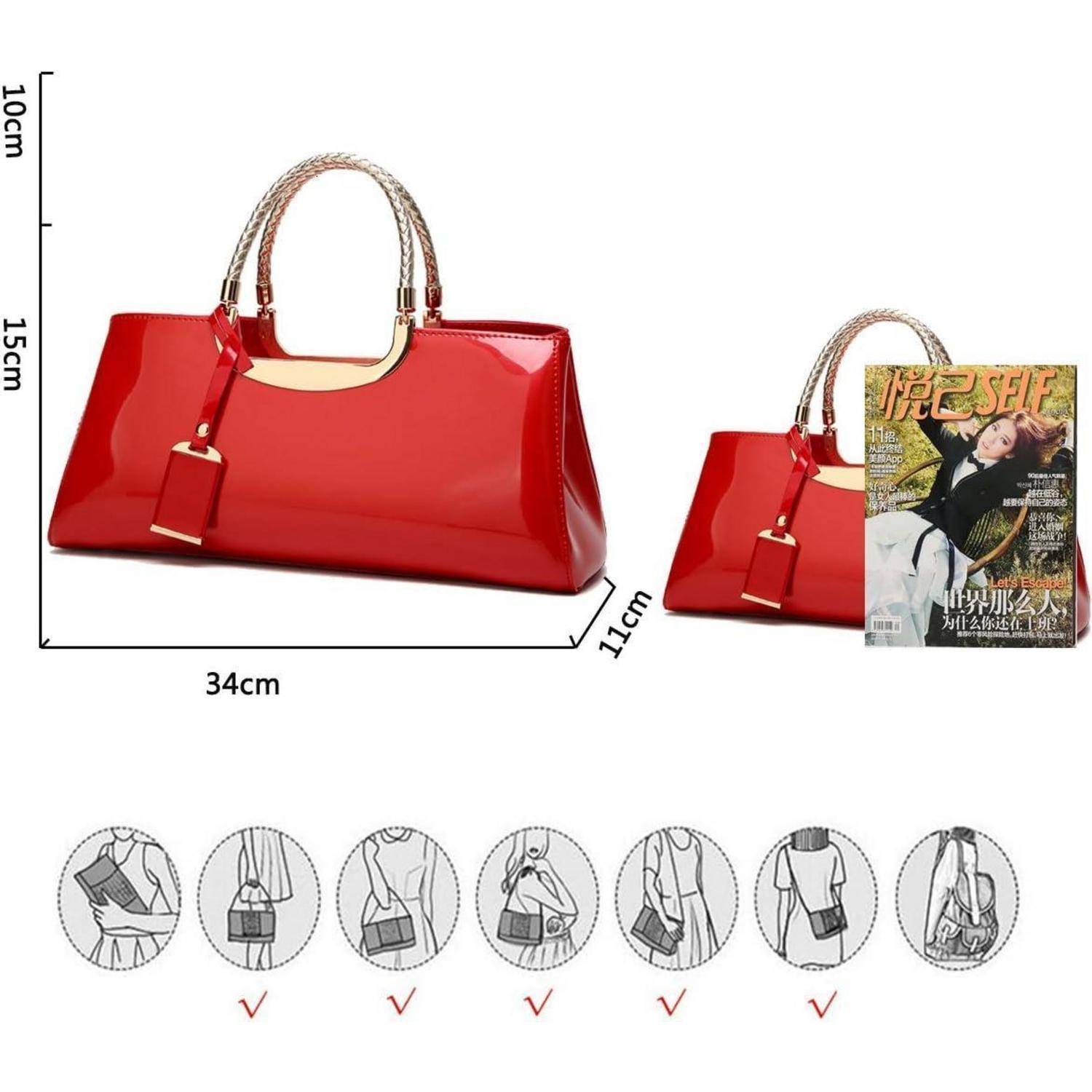 Damen Handtasche PU-Lackleder Henkeltasche Abendtasche Hochzeit_rot