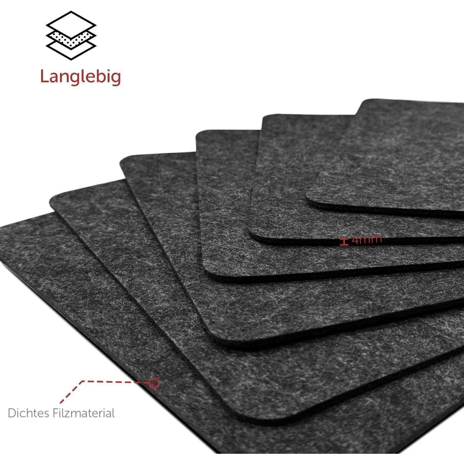 Mehrere übereinander gestapelte schwarze Filzblätter, die jeweils mit 'Langlebig' beschriftet sind. Eine gepunktete Linie zeigt auf 'Dichtes Filzmaterial', was dichtes Filzmaterial kennzeichnet.