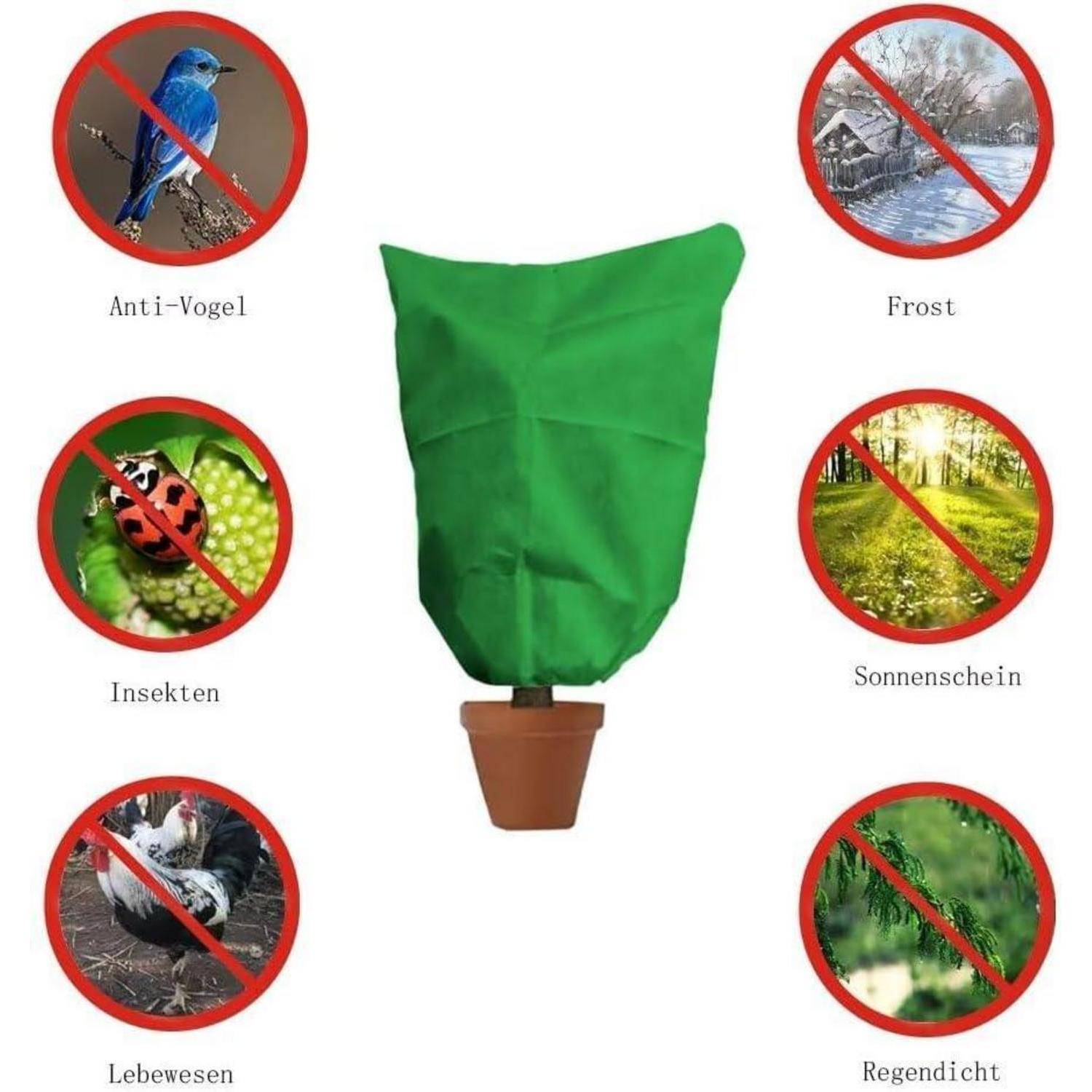 Ein kleiner grüner Baum, der in einen Stoffüberzug gehüllt ist, wird gezeigt, umgeben von roten Kreisen, die Schutz gegen Vögel, Frost, Insekten, Sonnenlicht, Tiere und Regen anzeigen.