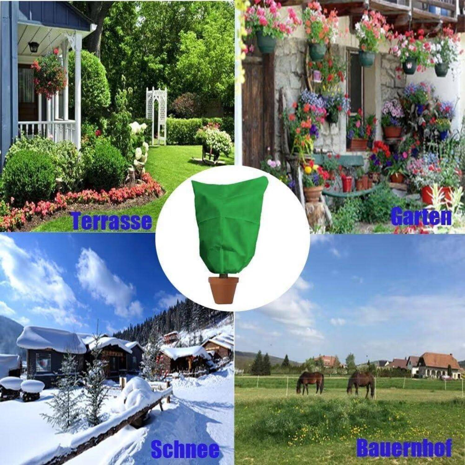 Terrasse, Garten, Schnee, Bauernhof' Text über Bildern: eine Terrasse mit Pflanzen, ein blumenreicher Garten, eine verschneite Hütte und ein Bauernhof mit Pferden.