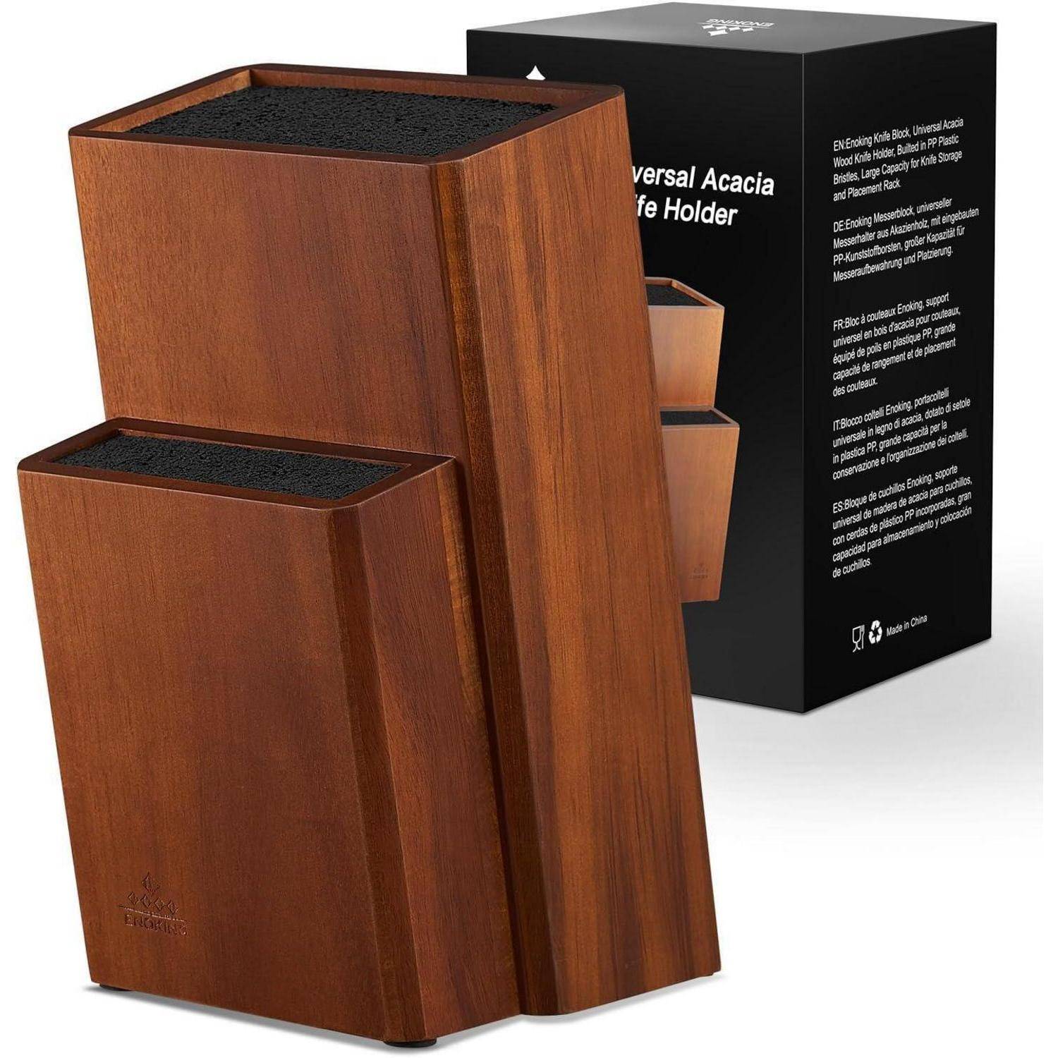 Universeller Messerhalter aus Holz mit mehreren Schlitzen, präsentiert vor einer Verpackungsbox im Hintergrund. Gefertigt aus Akazienholz, ideal für die Küche.