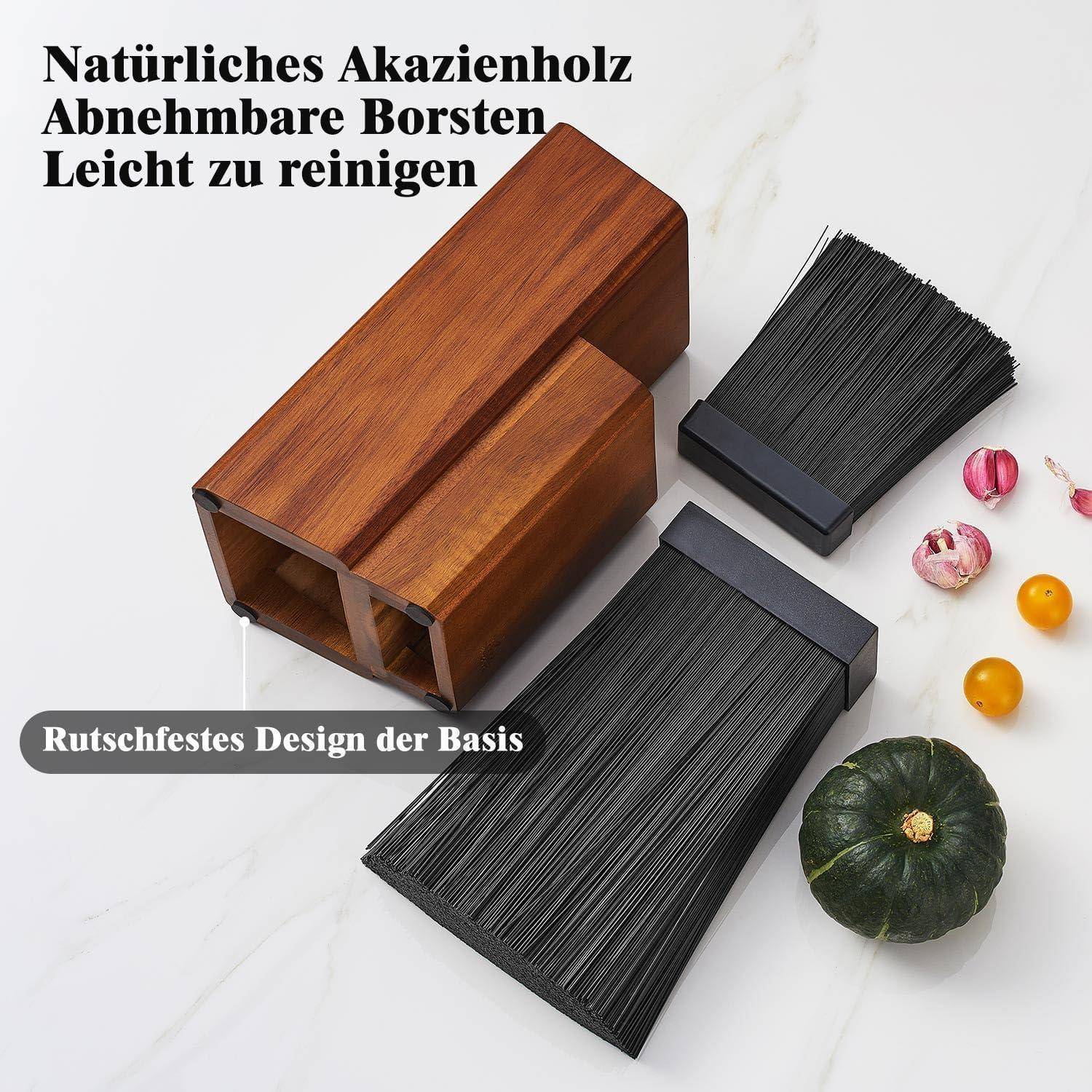 Kehrschaufel- und Besensatz aus natürlichem Akazienholz mit abnehmbaren Borsten, beworben als 'leicht zu reinigen' und mit 'rutschfester Basis'.